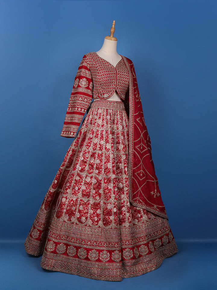 Red Floral Embroidered Semi Silk Lehenga for Bridesmaids - Diadem