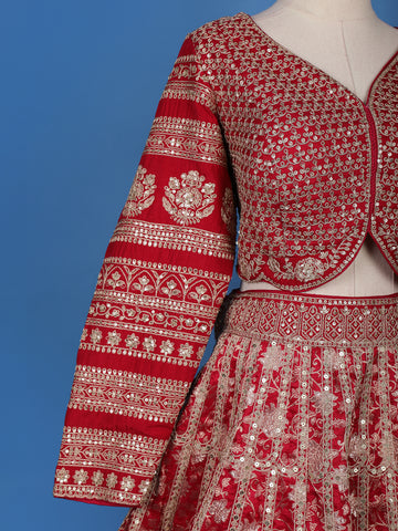 Red Floral Embroidered Semi Silk Lehenga for Bridesmaids - Diadem