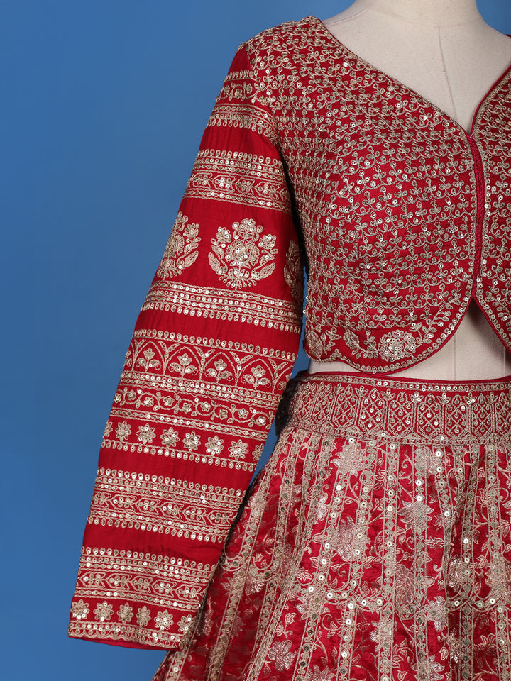 Red Floral Embroidered Semi Silk Lehenga for Bridesmaids - Diadem