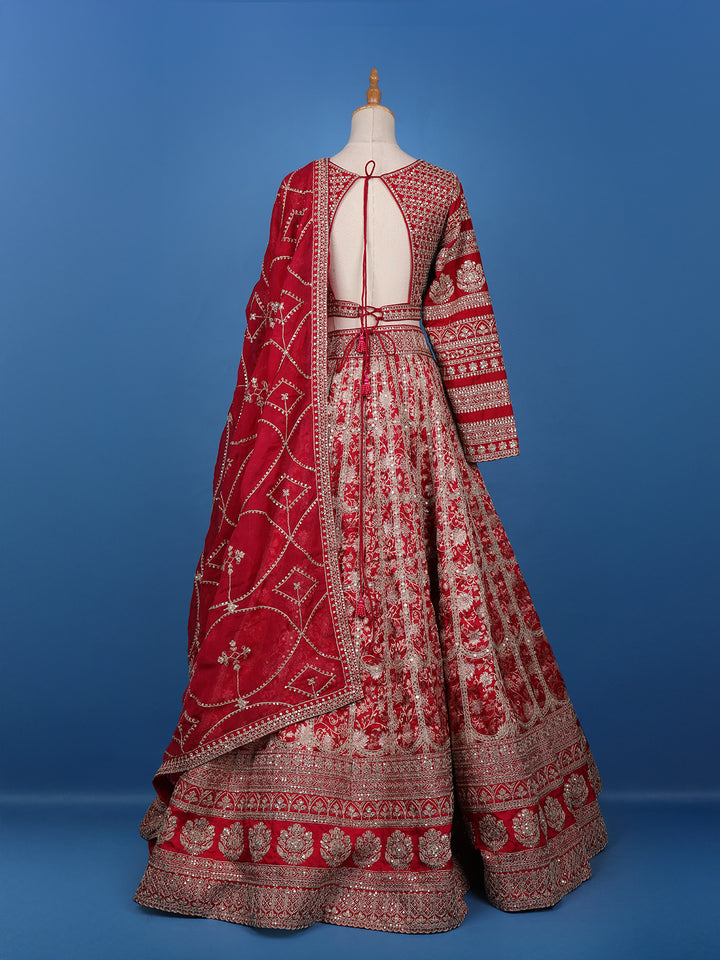 Red Floral Embroidered Semi Silk Lehenga for Bridesmaids - Diadem