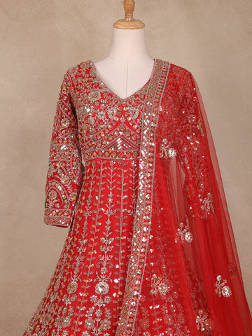 Red Floral Embroidery Net Bridal Gown - Diadem