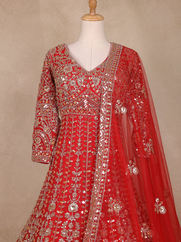 Red Floral Embroidery Net Bridal Gown - Diadem