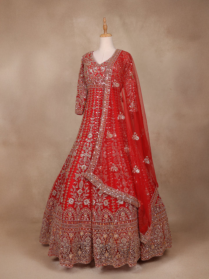 Red Floral Embroidery Net Bridal Gown - Diadem