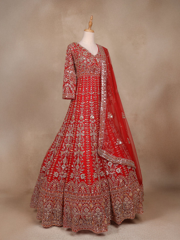 Red Floral Embroidery Net Bridal Gown - Diadem