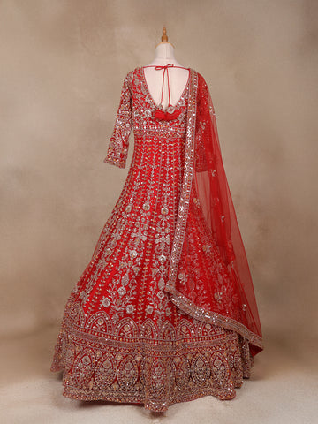 Red Floral Embroidery Net Bridal Gown - Diadem