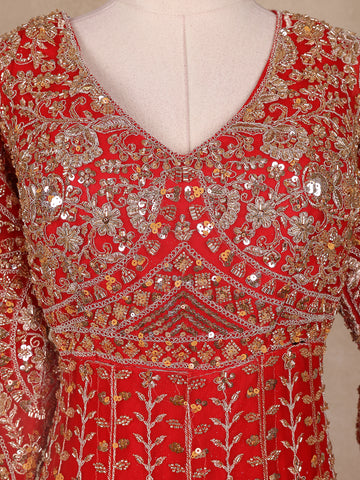 Red Floral Embroidery Net Bridal Gown - Diadem