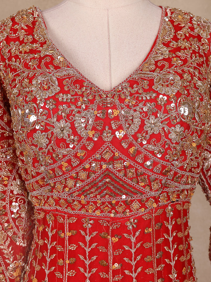 Red Floral Embroidery Net Bridal Gown - Diadem