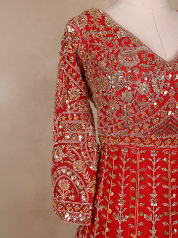 Red Floral Embroidery Net Bridal Gown - Diadem