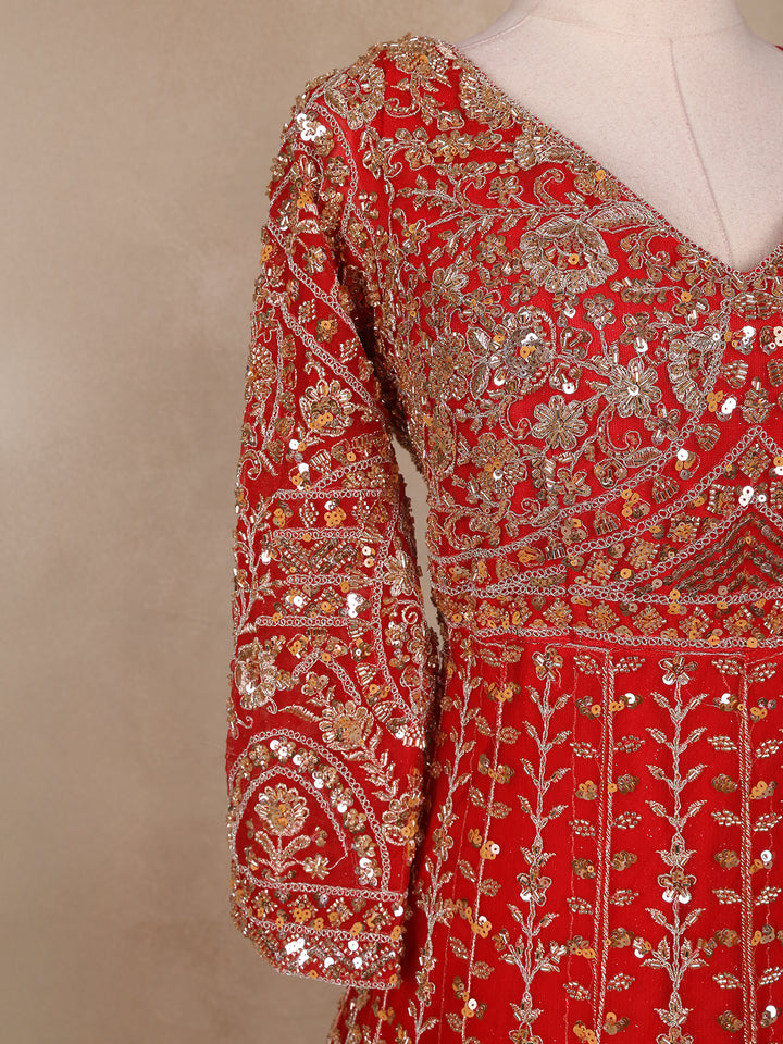 Red Floral Embroidery Net Bridal Gown - Diadem