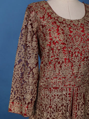 Red Floral Embroidery Net Bridesmaid Gown - Diadem
