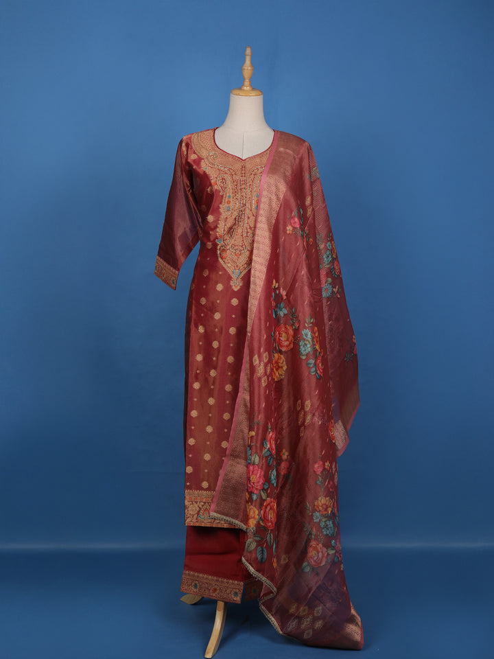Red Floral Embroidery Tissue Silk Salwar Suit - Diadem