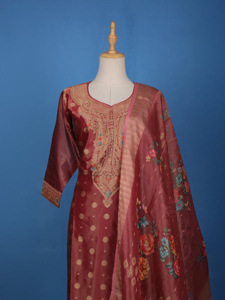 Red Floral Embroidery Tissue Silk Salwar Suit - Diadem