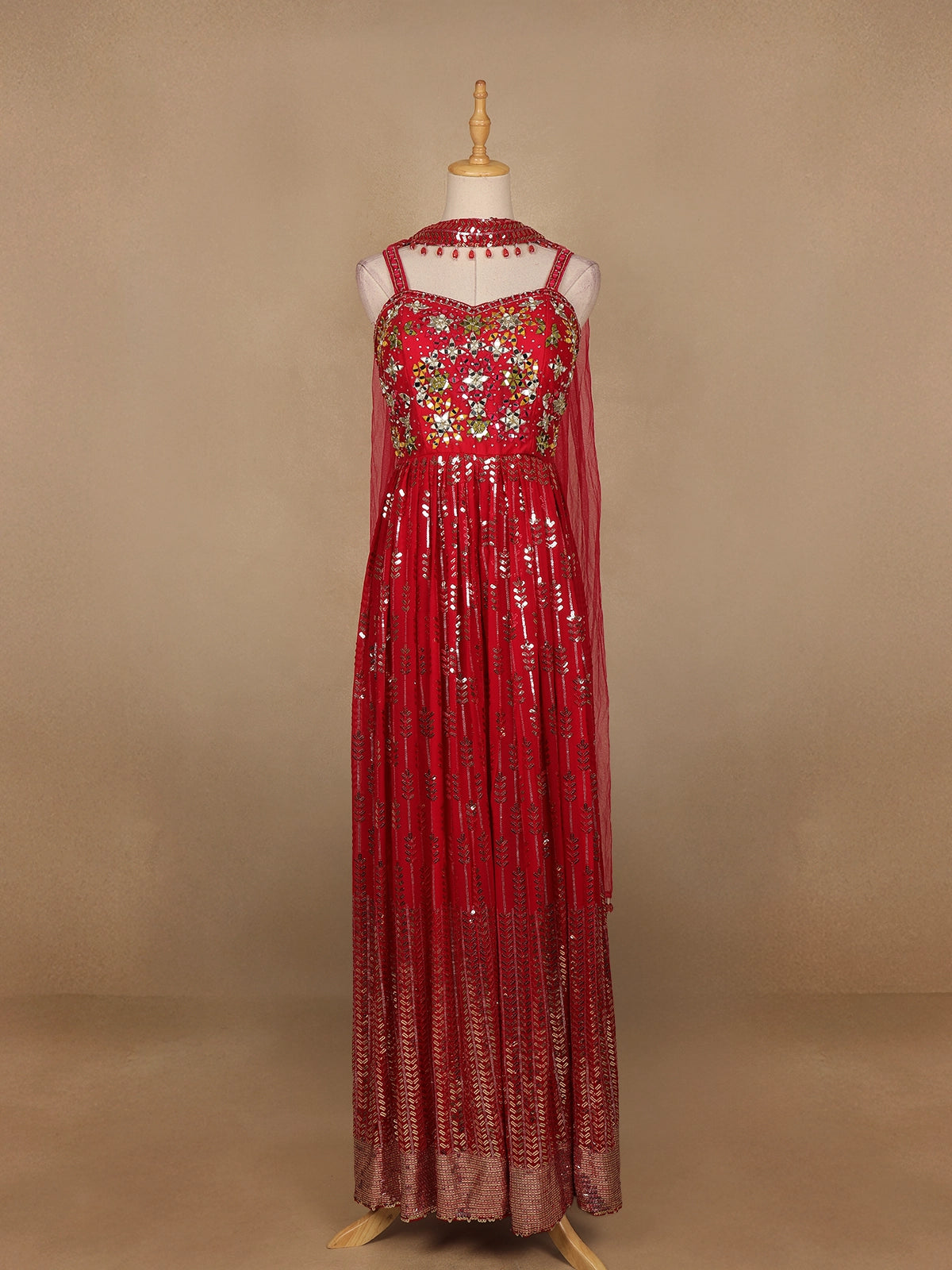 Red Floral Mirror Embroidery Georgette Jumpsuit