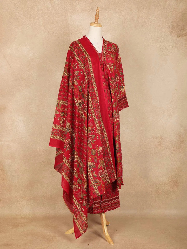 Red Floral Printed Cotton Salwar Suit - Diadem