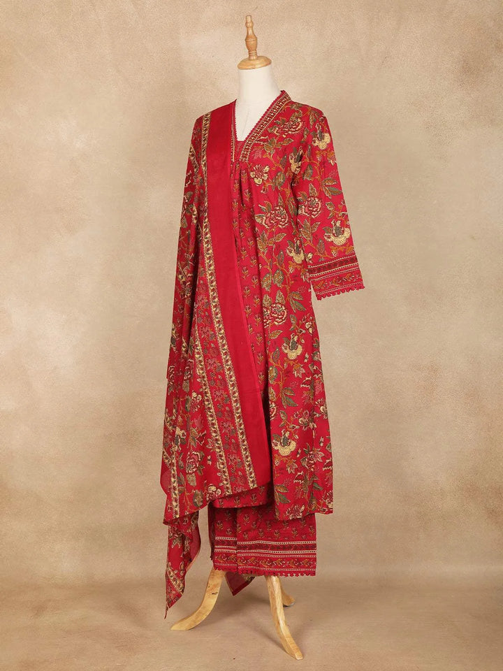 Red Floral Printed Cotton Salwar Suit - Diadem