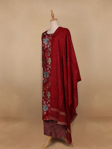 Red Floral Printed Semi Silk Salwar Suit - Diadem