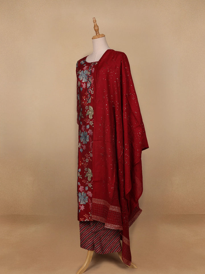 Red Floral Printed Semi Silk Salwar Suit - Diadem