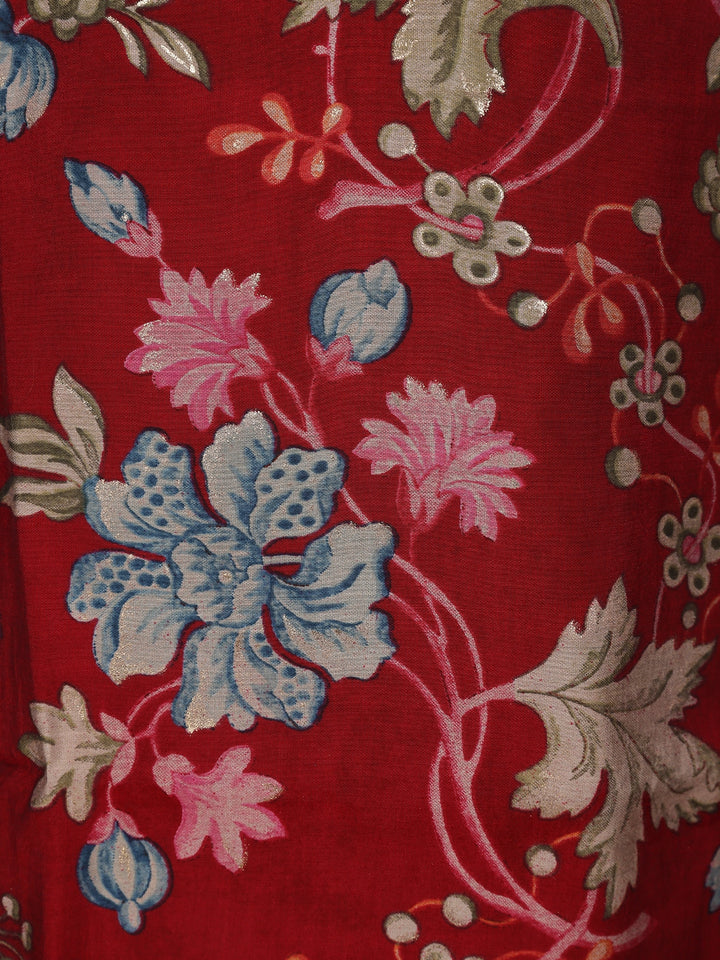 Red Floral Printed Semi Silk Salwar Suit - Diadem