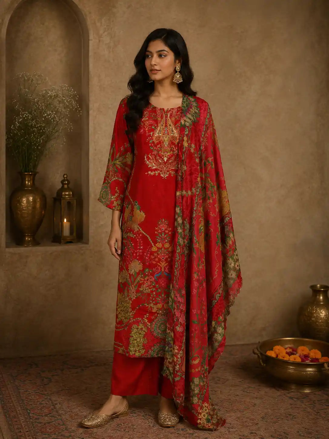 Red Floral Printed and Beads Embroidered Design Synthetic Straight Cut Salwar Suit with Dupatta