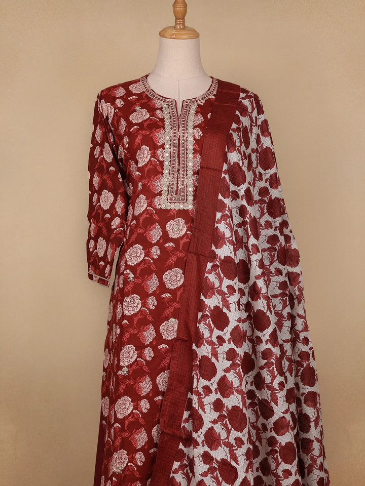 Red Floral Prints Cotton Straight Cut Salwar Suit - Diadem
