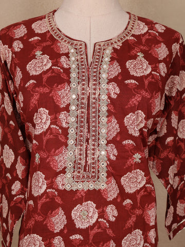 Red Floral Prints Cotton Straight Cut Salwar Suit - Diadem