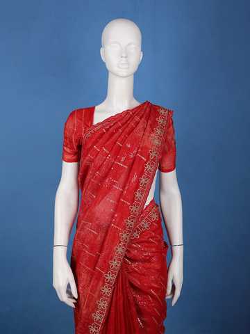 Red Floral Sequin Embroidered Chiffon Saree - Diadem