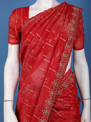 Red Floral Sequin Embroidered Chiffon Saree - Diadem