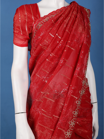 Red Floral Sequin Embroidered Chiffon Saree - Diadem