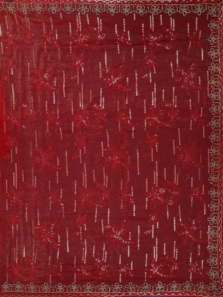 Red Floral Sequin Embroidered Chiffon Saree - Diadem