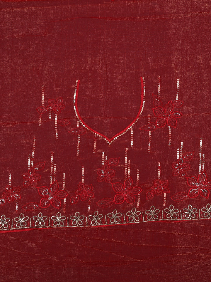 Red Floral Sequin Embroidered Chiffon Saree - Diadem