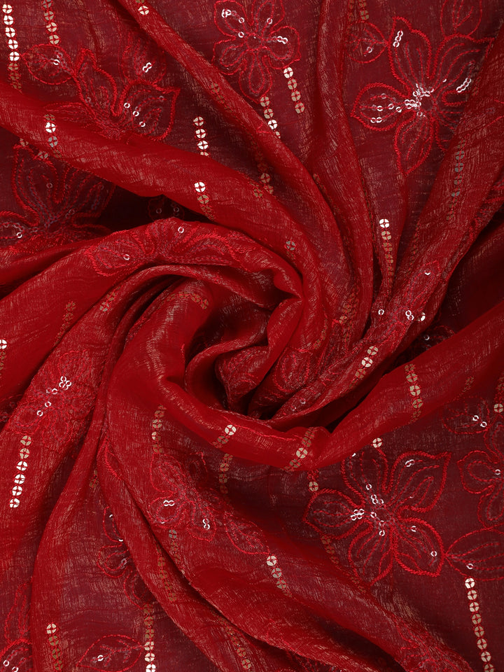 Red Floral Sequin Embroidered Chiffon Saree - Diadem