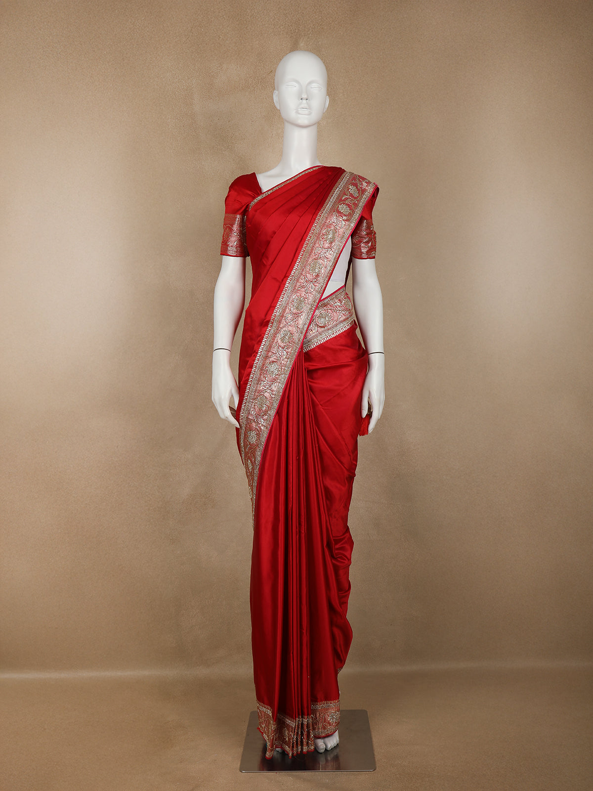 Red Floral Weave and Stone Work Banarasi Silk Saree