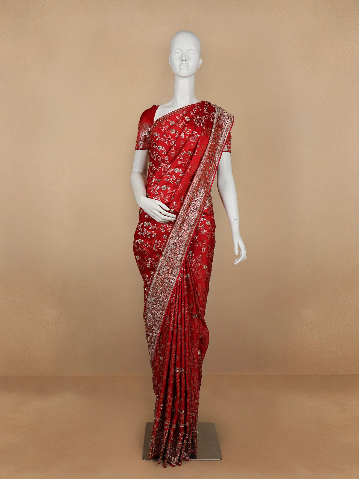 Red Floral Weave and Stone Work Banarasi Silk Saree