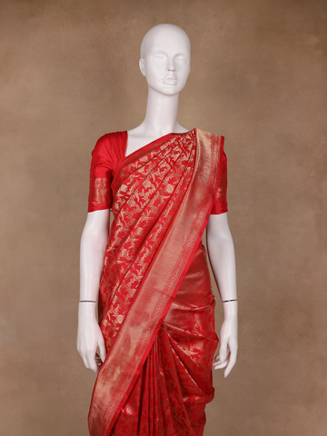 Red Floral Woven Banarasi Silk Saree - Diadem