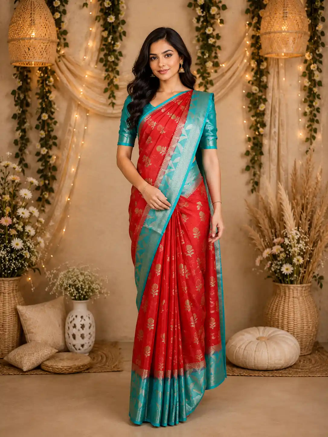 Red Floral Woven Banarasi Silk Saree With Contrast Border
