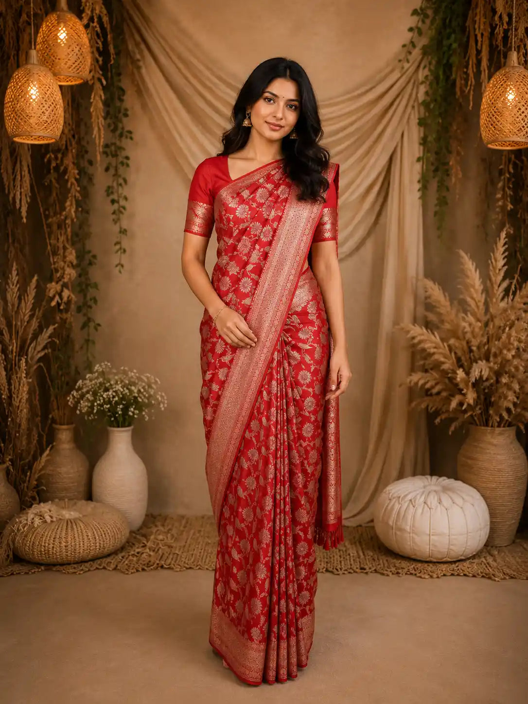 Red Floral Woven Banarasi Silk Saree With Zari Border