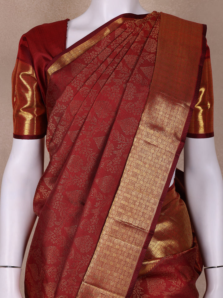 Red Floral Woven Pure Kanchipuram Silk Saree - Diadem