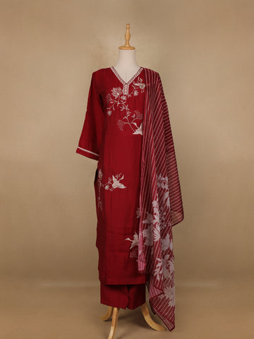 Red Floral and Bird Designed Cotton Salwar Suit - Diadem