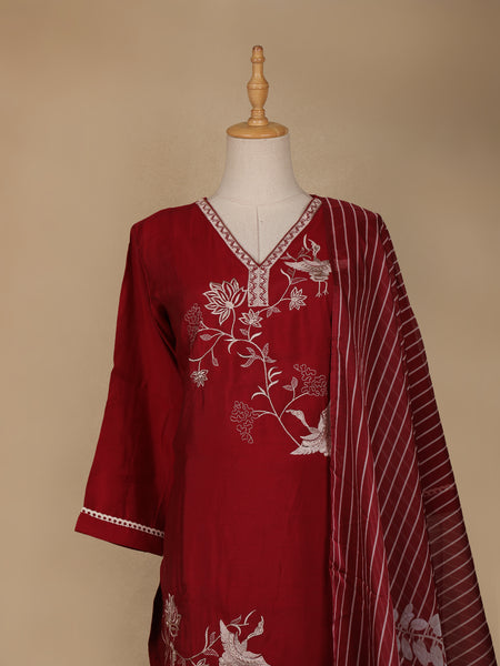 Red Floral and Bird Designed Cotton Salwar Suit - Diadem