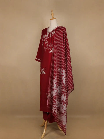 Red Floral and Bird Designed Cotton Salwar Suit - Diadem