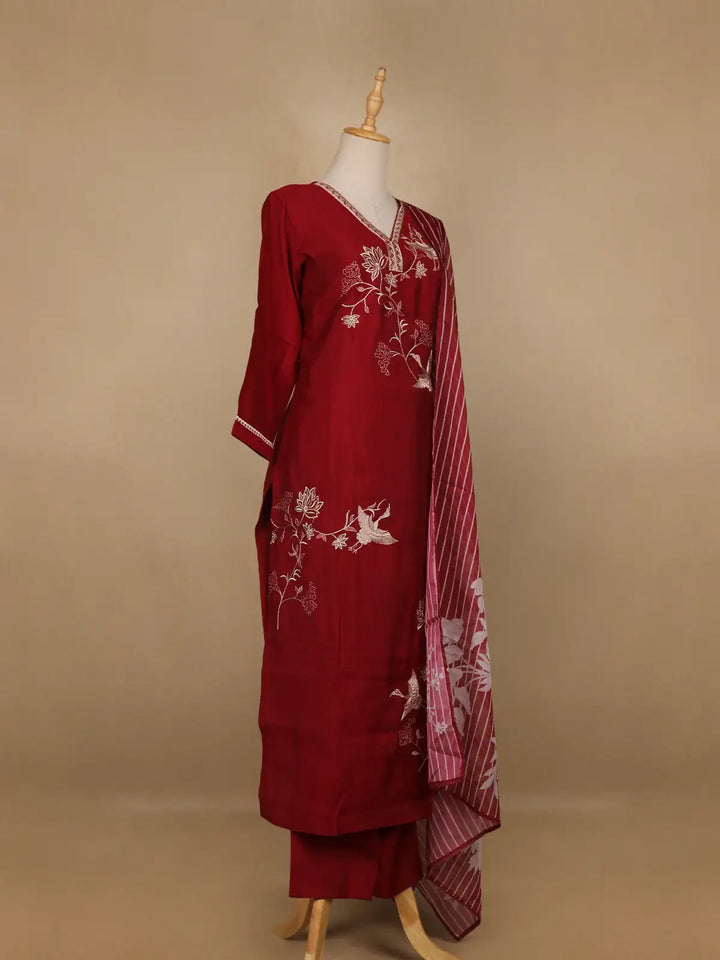 Red Floral and Bird Designed Cotton Salwar Suit - Diadem