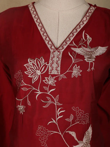 Red Floral and Bird Designed Cotton Salwar Suit - Diadem