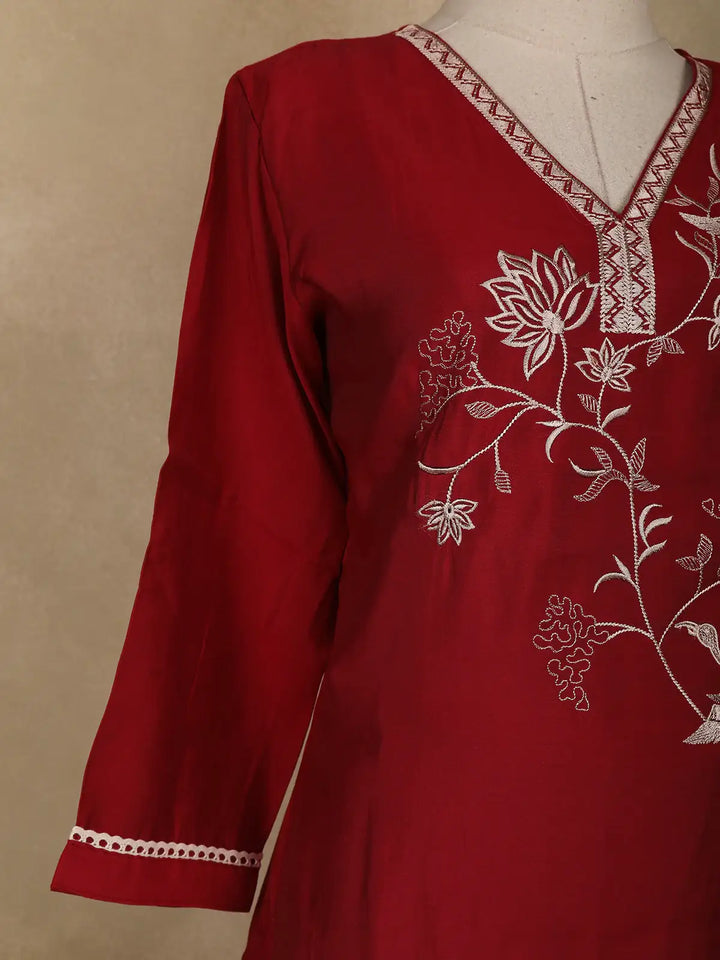 Red Floral and Bird Designed Cotton Salwar Suit - Diadem