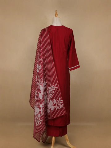 Red Floral and Bird Designed Cotton Salwar Suit - Diadem