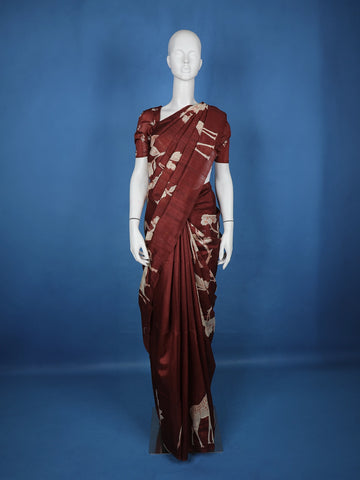 Red Floral Designed Semi Tussar Saree - Diadem