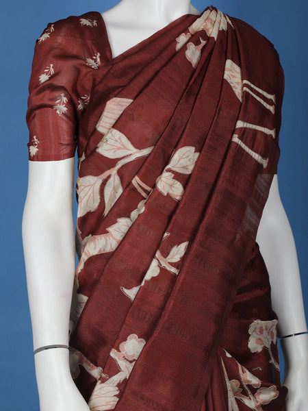 Red Floral Designed Semi Tussar Saree - Diadem