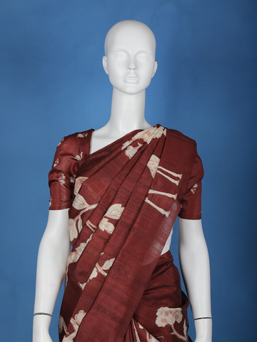 Red Floral Designed Semi Tussar Saree - Diadem