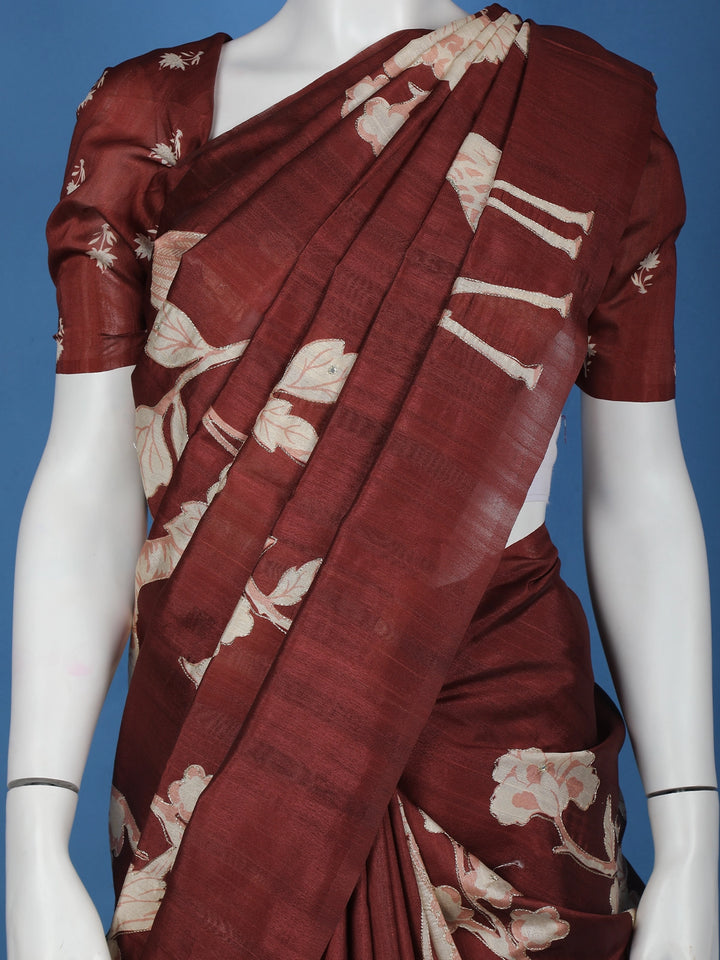 Red Floral Designed Semi Tussar Saree - Diadem