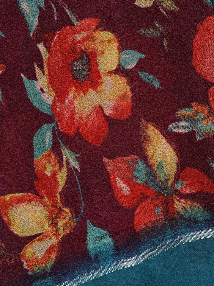 Red Floral Prints Fancy Georgette Saree - Diadem