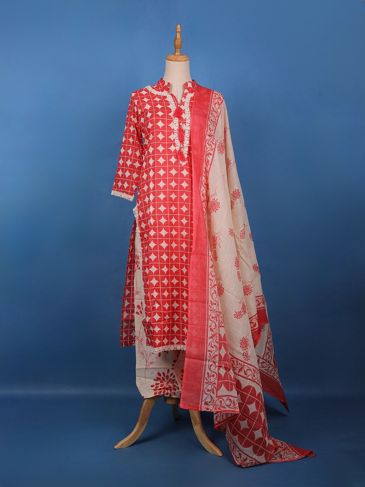 Red Geometric Printed Cotton Salwar Suit - Diadem